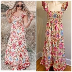 HOUSE OF HARLOW size XS Zoey Floral ruffle smocked maxi dress . 100% cotton